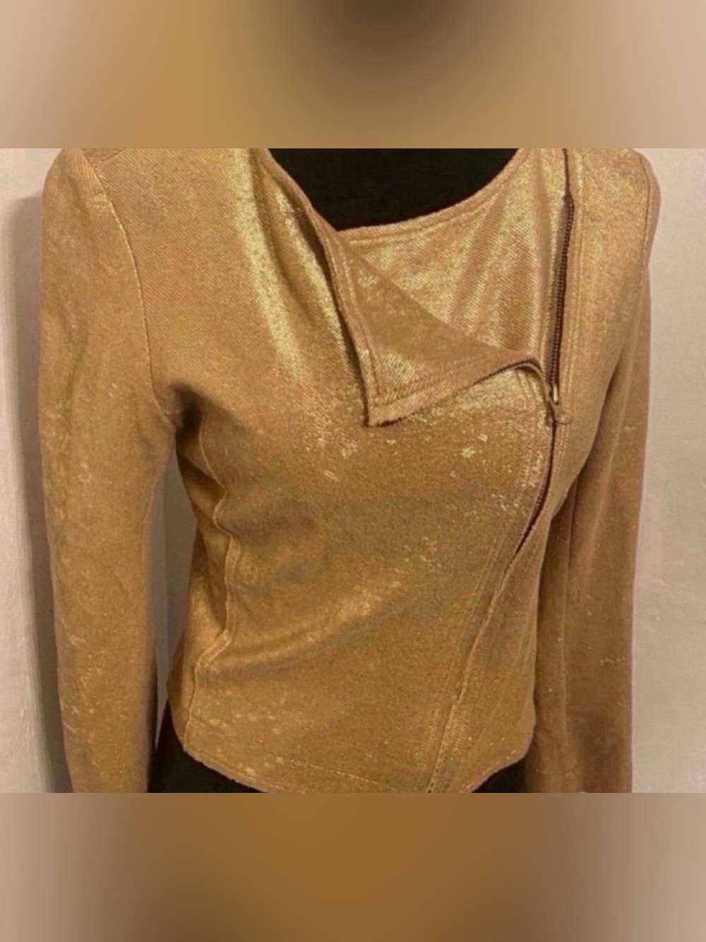 Womenβs Metallic Gold Asymmetric Zip Jacket (Size S)